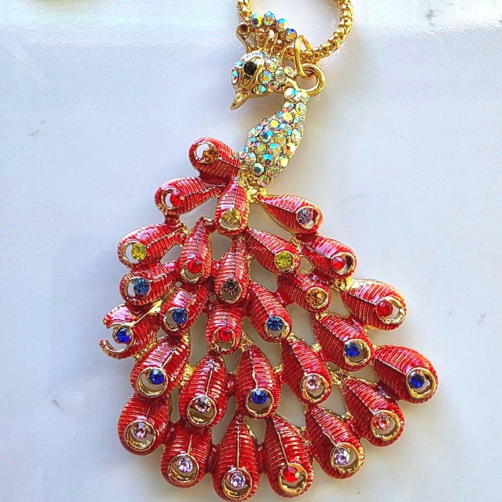 Betsey Johnson Peacock Pendant Necklace Gold-Tone Red Feather Rhinestone‎